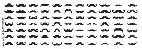 Mustache silhouette set. Black facial hair style, vintage curly gentleman mustache shapes for barber symbol vector illustration