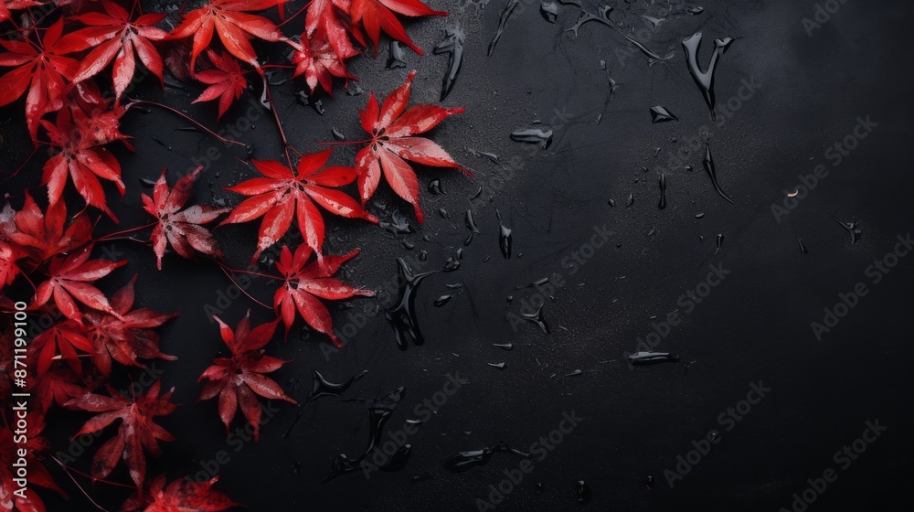 red leaves on black wet background. Top view with copy space red leaves on black wet background. Top view with copy space