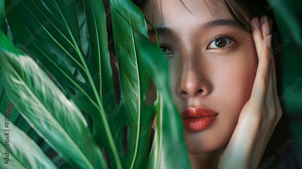 Naklejka premium Asian girl among leaves in the forest, Asian model