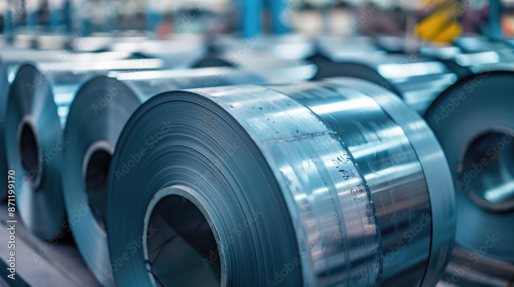 Selective focus on sheet steel rolls for sale Cold rolled and hot rolled steel products displayed on billboard Selective focus on sheet steel rolls for sale Cold rolled and hot rolled steel products displayed on billboard
