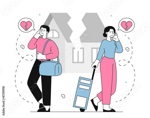 People in divorce. Man and woman separate and share house. Breakup in relationships. Negative feelings and emotions. Exhusband and exwife. Linear flat vector illustration