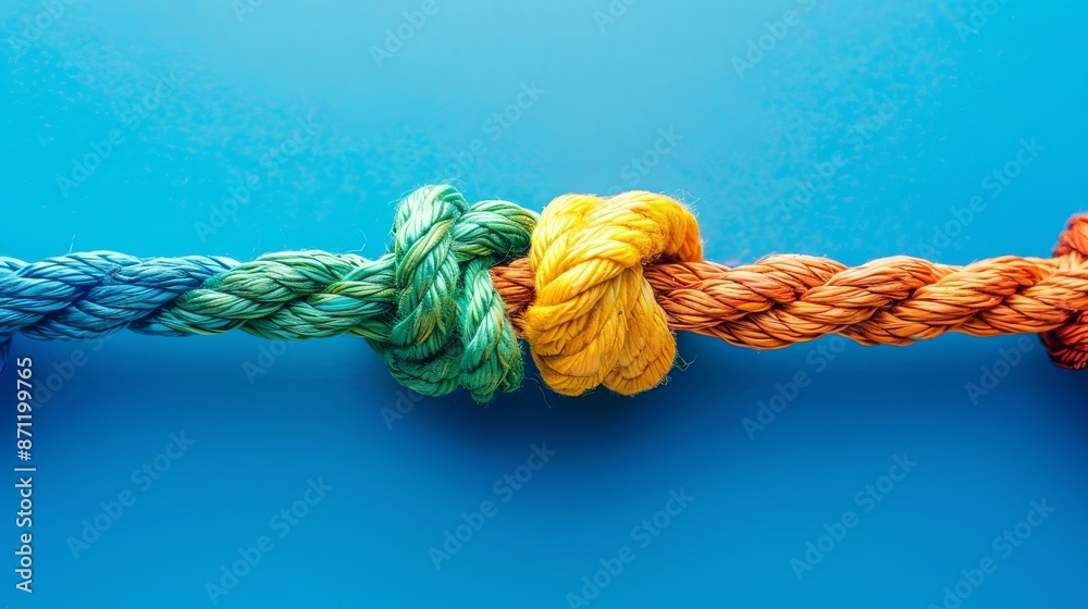 Colorful Rope Knot Tied Together on Blue Background Colorful Rope Knot Tied Together on Blue Background