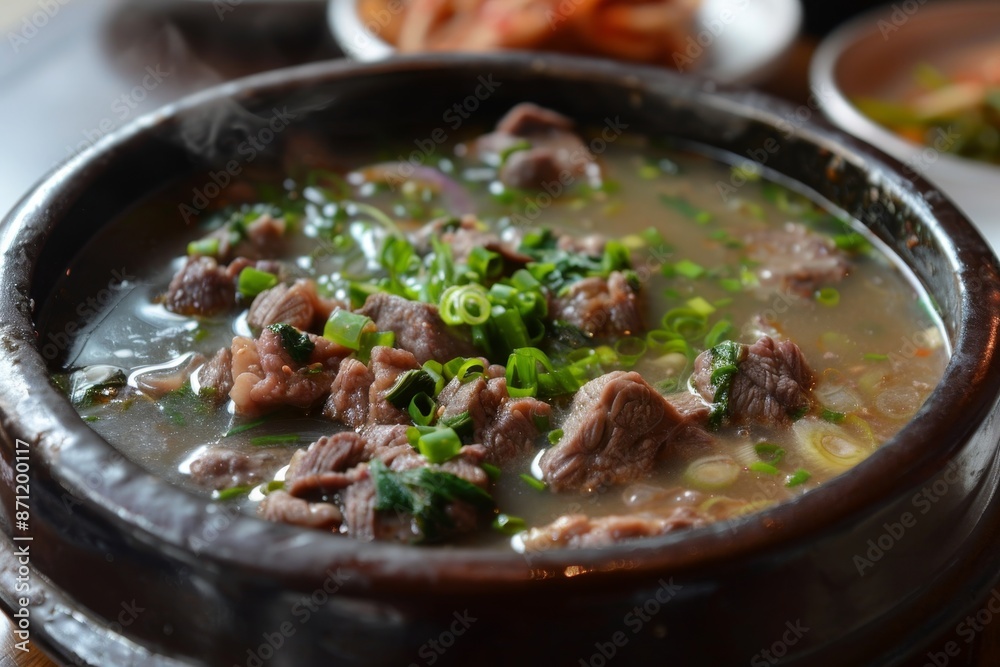 Korean cuisine including beef and various side dishes such as beef soup boiled pork and salted squid Korean cuisine including beef and various side dishes such as beef soup boiled pork and salted squid