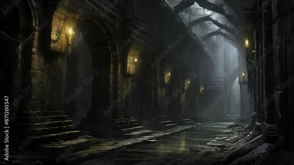 Dungeon corridor steeped in mystery and forgotten echoes Fantasy wallpaper Dungeon corridor steeped in mystery and forgotten echoes Fantasy wallpaper