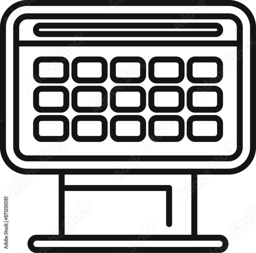 Line art icon of an interactive information kiosk displaying a grid layout with a navigation bar