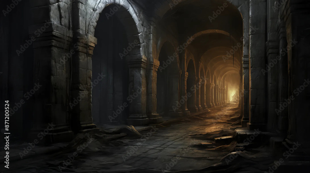 Dungeon Corridor, a shadowy path through ancient secrets. Fantasy  wallpaper