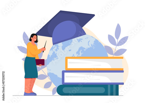 Woman with education. Young girl near stack of books with globe. Learning and training. Student preparing for test or examination. Flat vector illustration