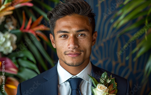 A Micronesian man in a dark blue suit and tie poses confidently in front of a vibrant tropical floral backdrop. He is wearing a white shirt and a flower boutonniere photo