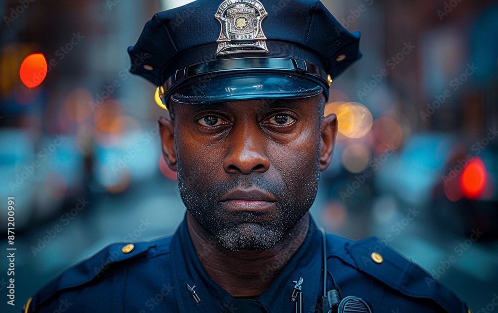 A close-up portrait of a police officer in uniform, standing in a city setting. The officer is looking directly at the camera with a serious expression A close-up portrait of a police officer in uniform, standing in a city setting. The officer is looking directly at the camera with a serious expression