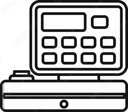 Line drawing of a modern cash register standing on a counter, ready for a cashier to process a sale