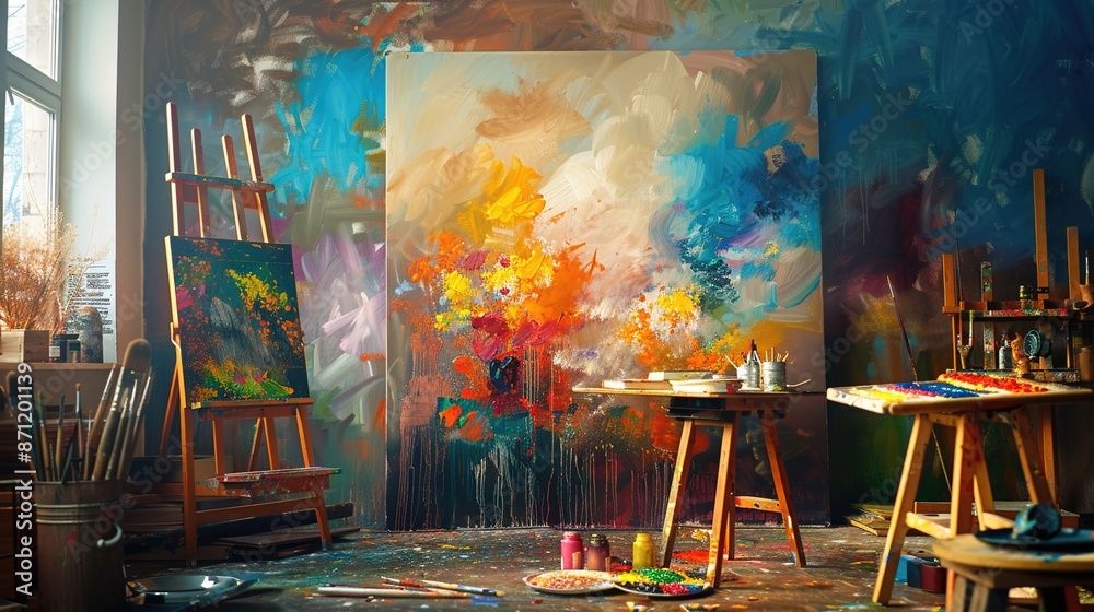 Obraz premium Vibrant Inspiration: Creative Artist's Studio with Abstract Painting Background Sparking Creativity and Imagination