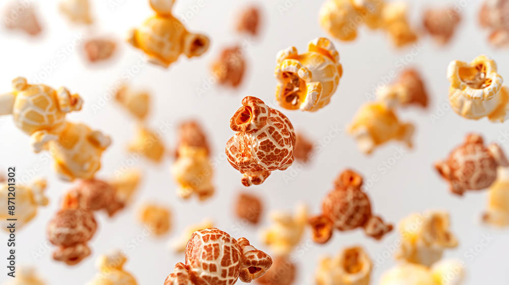 Close-Up of Floating Popcorn Kernels - Crispy and Golden Popcorn in Mid-Air - Perfect for Snack, Food, and Cinema Themes Highlighting Fun and Enjoyment Close-Up of Floating Popcorn Kernels - Crispy and Golden Popcorn in Mid-Air - Perfect for Snack, Food, and Cinema Themes Highlighting Fun and Enjoyment