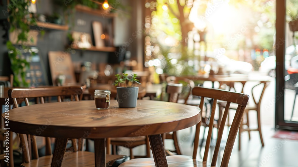 Cozy Cafe Vibes: Wooden Tables and Chairs in a Welcoming Coffee Shop Ambience