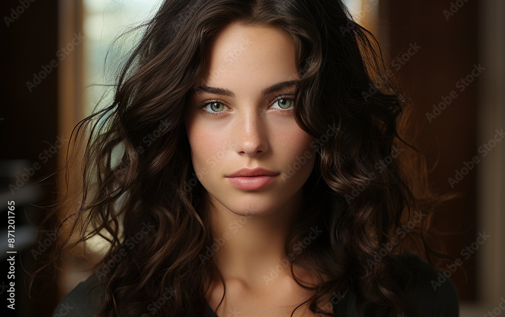 Fototapeta premium A close-up portrait of a young woman with long brunette hair and green eyes. Her hair is slightly tousled, and she is looking directly at the camera