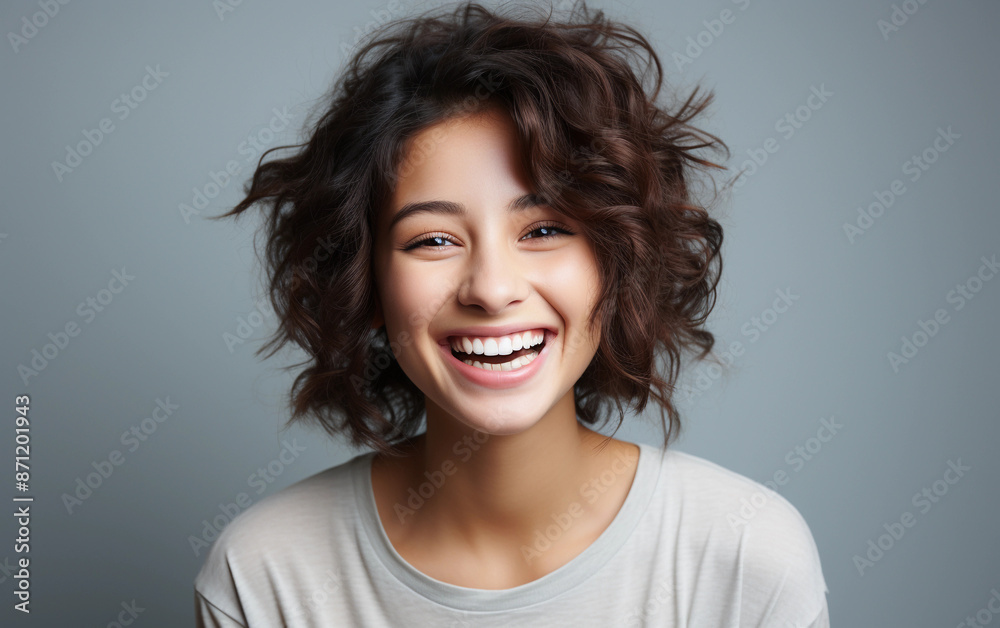 A close-up portrait of a young woman with curly brown hair laughing. She is wearing a simple white t-shirt and is looking directly at the camera. The background is a plain light grey A close-up portrait of a young woman with curly brown hair laughing. She is wearing a simple white t-shirt and is looking directly at the camera. The background is a plain light grey