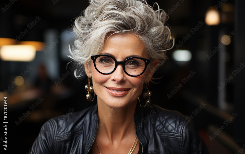 A close-up portrait of a mature woman with silver hair and glasses, smiling at the camera. She is wearing a black leather jacket and gold jewelry A close-up portrait of a mature woman with silver hair and glasses, smiling at the camera. She is wearing a black leather jacket and gold jewelry