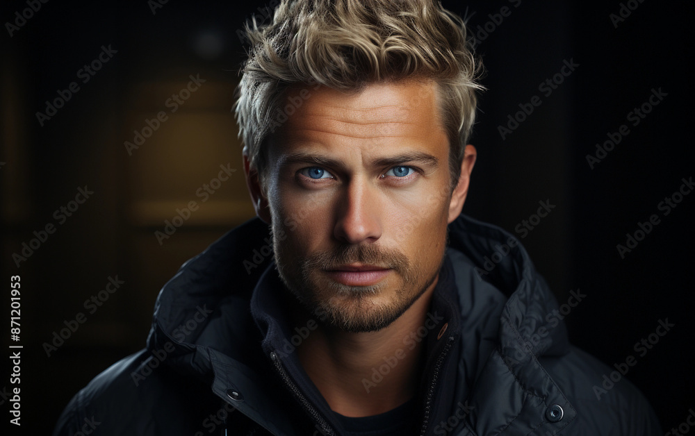 A close-up portrait of a handsome blonde man with blue eyes, captured against a dark background