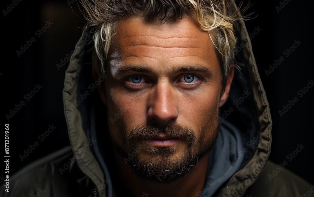 A close-up portrait of a handsome man with blonde hair, blue eyes, and a goatee. He is wearing a hooded jacket and looking directly at the camera A close-up portrait of a handsome man with blonde hair, blue eyes, and a goatee. He is wearing a hooded jacket and looking directly at the camera