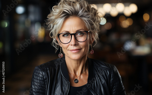 A close-up portrait of a mature woman with short, curly, gray hair, wearing glasses and a black leather jacket, in a dimly lit restaurant