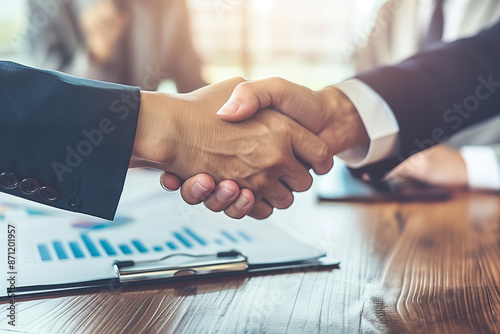 Business Handshake Over Financial Documents in Office