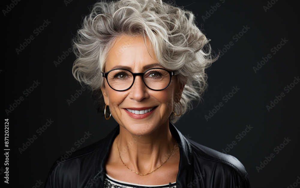 A close-up portrait of a smiling senior woman wearing glasses. She has short, gray, curly hair and is wearing a black leather jacket. The background is a dark, solid color A close-up portrait of a smiling senior woman wearing glasses. She has short, gray, curly hair and is wearing a black leather jacket. The background is a dark, solid color