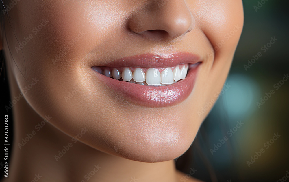 Fototapeta premium A close-up shot of a womans smiling mouth, showcasing her bright white teeth