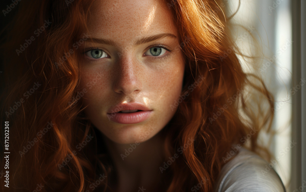 A closeup portrait of a young woman with long, red, curly hair. She is looking directly at the camera, and the sunlight is catching her face A closeup portrait of a young woman with long, red, curly hair. She is looking directly at the camera, and the sunlight is catching her face