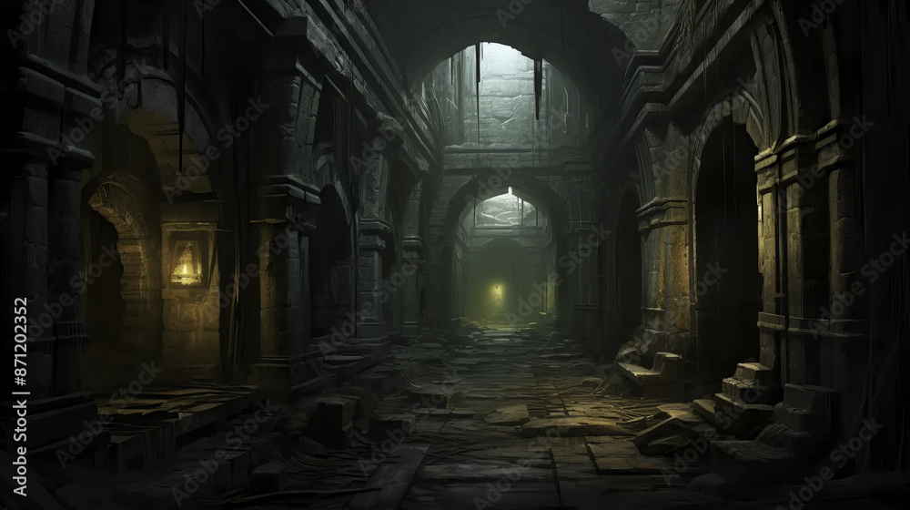 Dungeon corridor bathed in mystical shadows and light. Fantasy wallpaper Dungeon corridor bathed in mystical shadows and light. Fantasy wallpaper