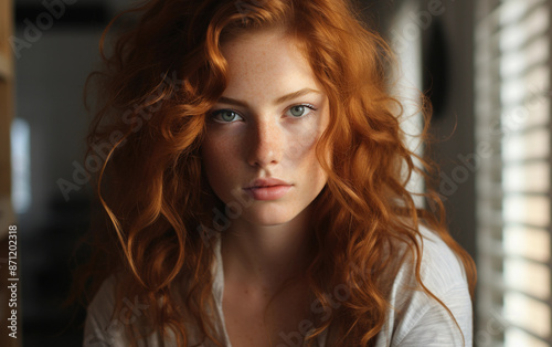A close-up portrait of a young woman with long, curly red hair. She is looking directly at the camera with a serious expression. The photo was taken indoors