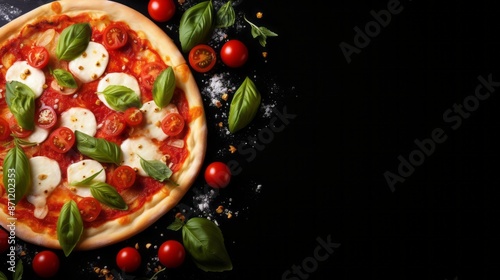Pizza mozzarella tomatoes and basil leaf with dark background © toomi123