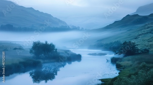 Serene Misty Morning: River Meandering Through Tranquil Hills