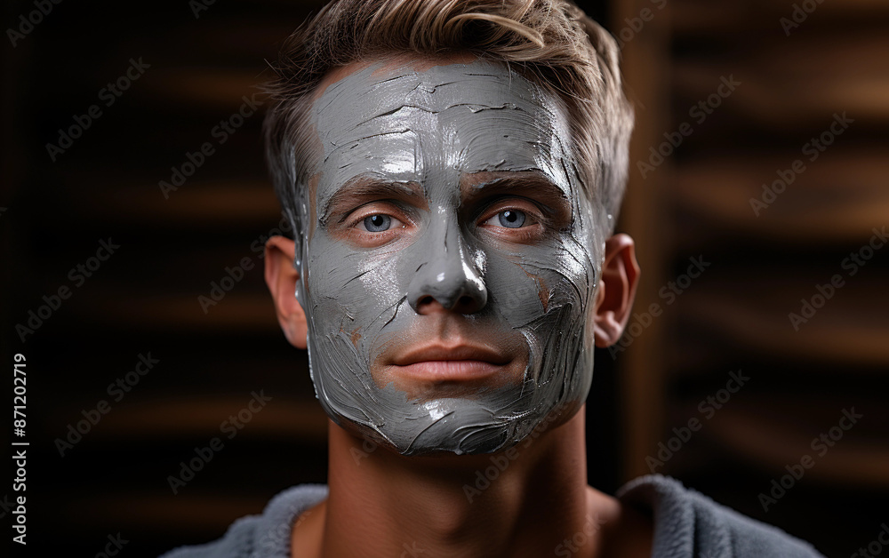 A closeup portrait of a man with a gray facial mask, looking directly at the camera. The man is in a spa setting, with a wooden background A closeup portrait of a man with a gray facial mask, looking directly at the camera. The man is in a spa setting, with a wooden background