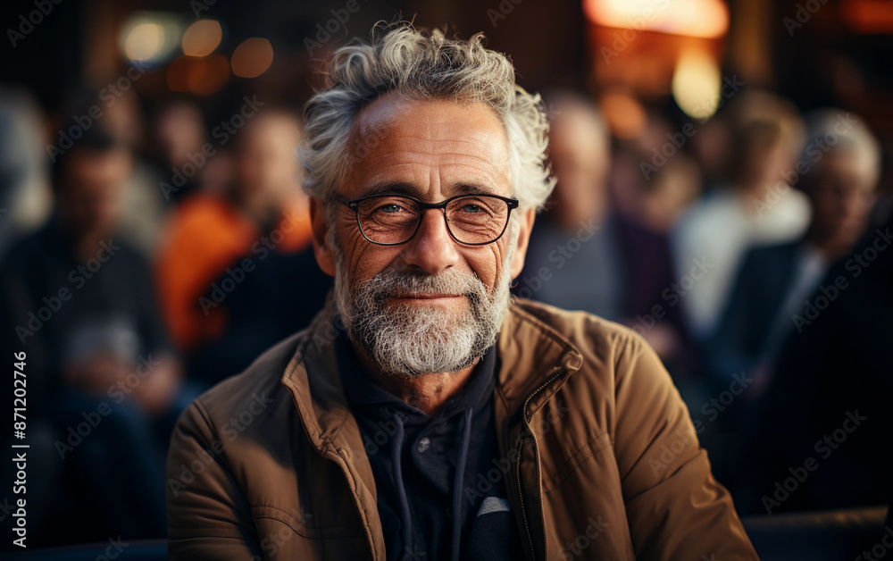 Closeup portrait of a senior man with gray hair sitting in a crowded place. He is smiling and wearing glasses Closeup portrait of a senior man with gray hair sitting in a crowded place. He is smiling and wearing glasses