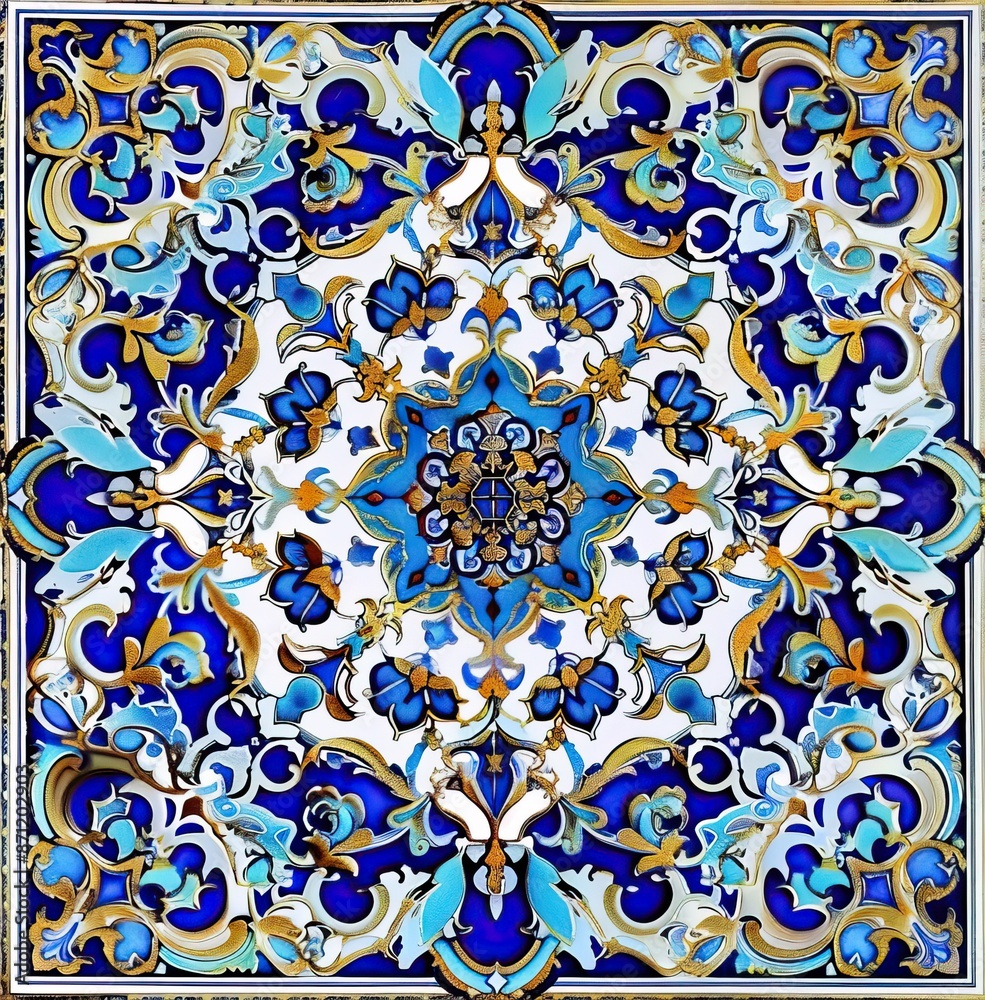 Tiled background with oriental ornaments. Blue Islamic tile wallpaper or mural background. High quality AI generated image Tiled background with oriental ornaments. Blue Islamic tile wallpaper or mural background. High quality AI generated image