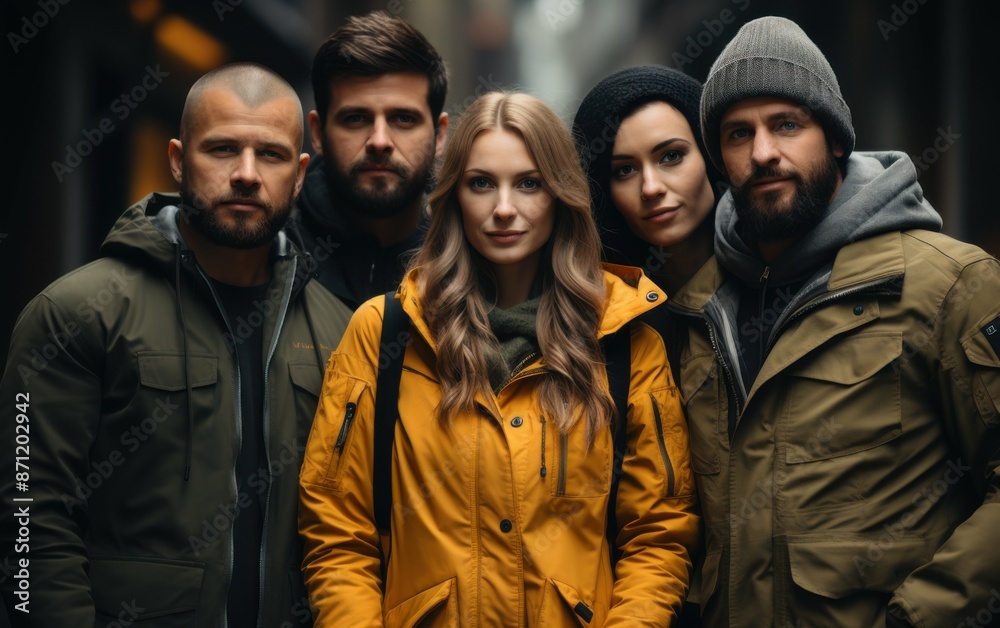 A group of four friends, diverse in appearance, stand close together in a city setting, all wearing warm, winter jackets A group of four friends, diverse in appearance, stand close together in a city setting, all wearing warm, winter jackets