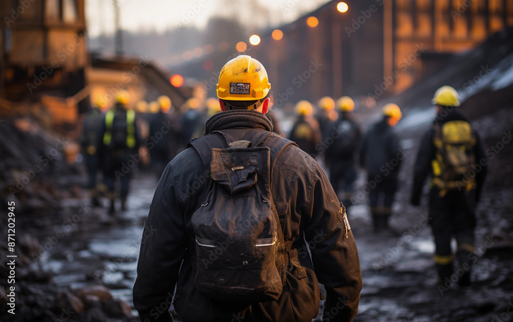 Coal miners in safety gear trek through a dark, industrial space post their shift. The image depicts their commitment and hard work