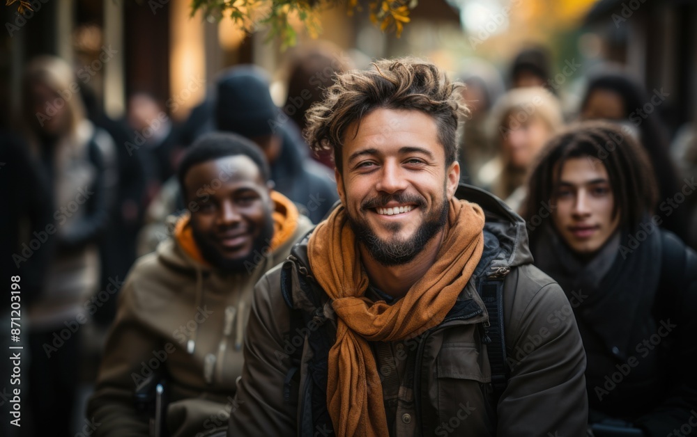 A man with a beard and an orange scarf smiles broadly while walking in a crowd during a day in autumn A man with a beard and an orange scarf smiles broadly while walking in a crowd during a day in autumn