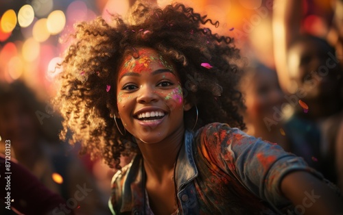A young woman with vibrant makeup and a bright smile celebrates at a carnival event. The image captures the energy and excitement of the occasion