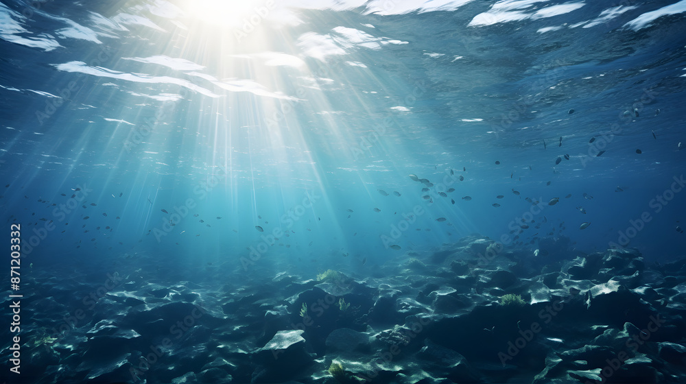 Naklejka premium Sunlit blue depths of the underwater sea