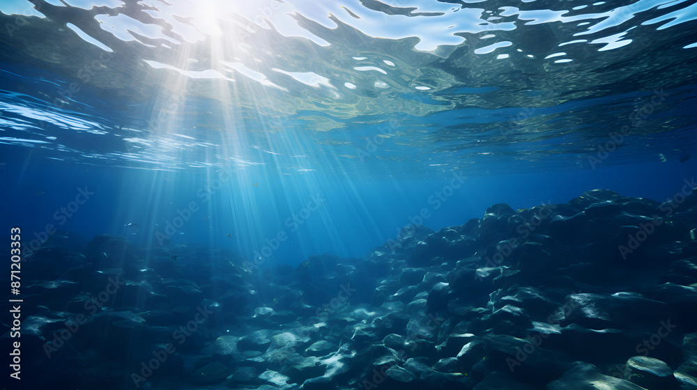 Naklejka premium Blue sunlight filtering through the underwater sea