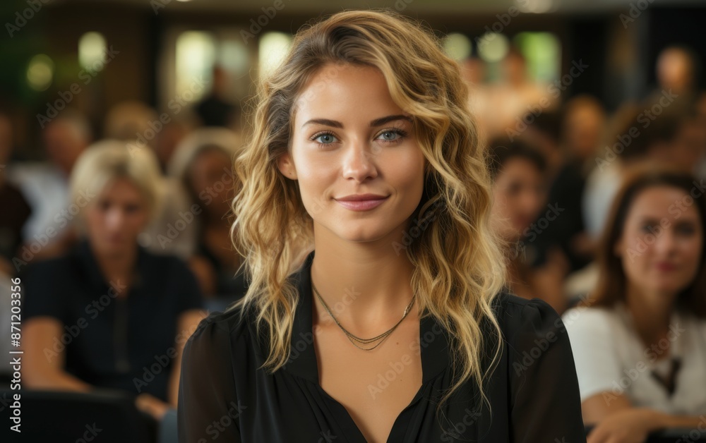 A young businesswoman with blonde hair confidently delivers a presentation to a large audience in a modern office setting