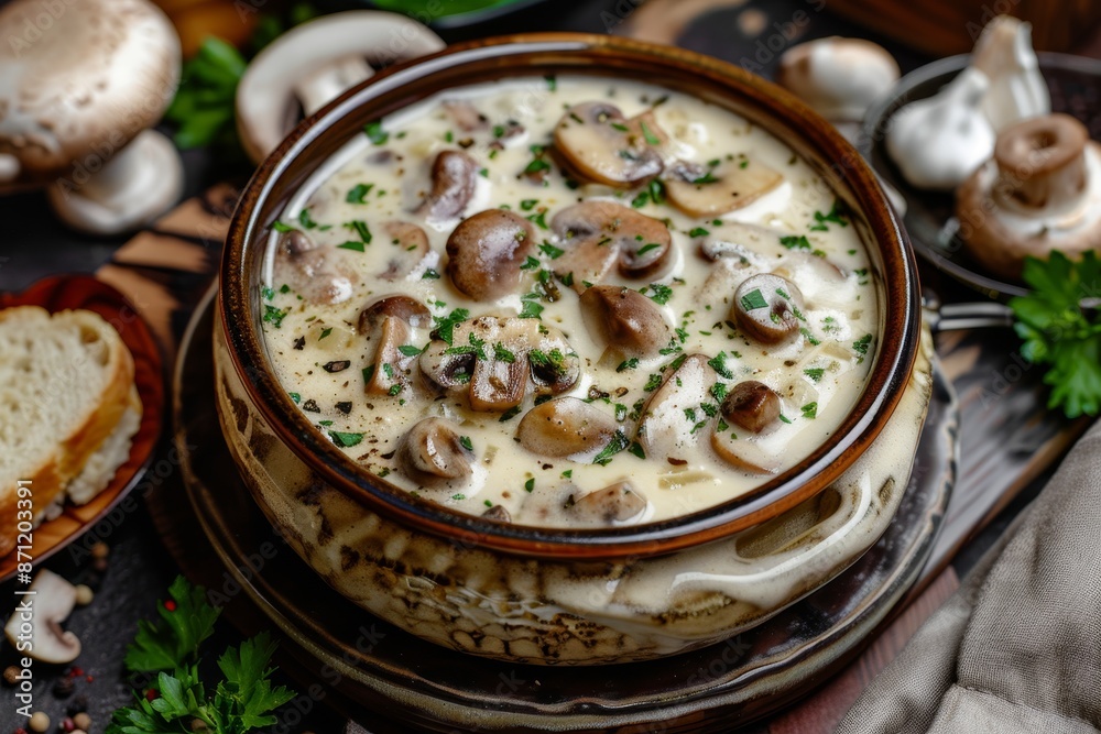 Mushrooms in garlic sauce with herbs spices and gravy without people Mushrooms in garlic sauce with herbs spices and gravy without people