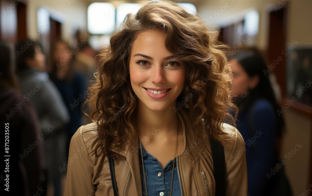 A smiling Hispanic high school student with long, curly brown hair walks confidently through a school hallway A smiling Hispanic high school student with long, curly brown hair walks confidently through a school hallway