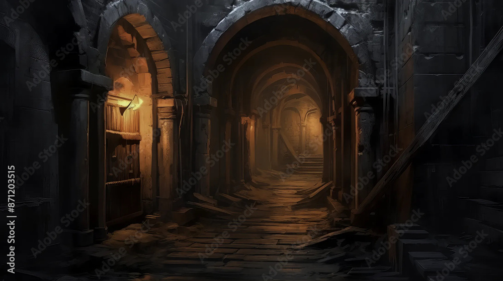 Dungeon corridor filled with mystery and ancient echoes. Fantasy wallpaper Dungeon corridor filled with mystery and ancient echoes. Fantasy wallpaper