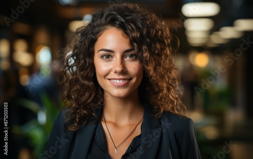 A confident businesswoman with curly hair smiles during a meeting in an office setting