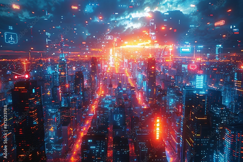 Fototapeta premium Cyberpunk Cityscape with Digital Overlays