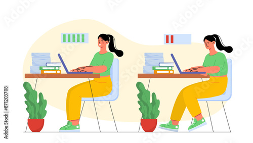 Fatigue at work. Woman with low and high energy levels. Mental burnout in overworked employee. Ineffective workflow organization. Depression and frustration. Flat vector illustration