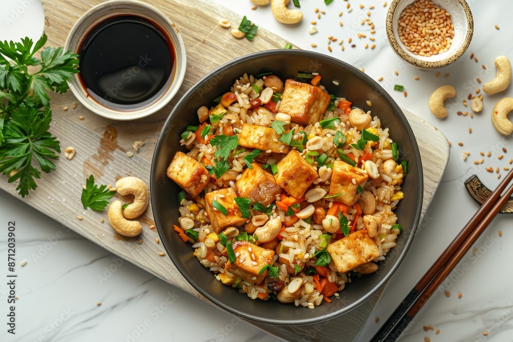 Overhead shot of tofu cashew fried rice with soy sauce and cashews on board with green backdrop and marble countertop