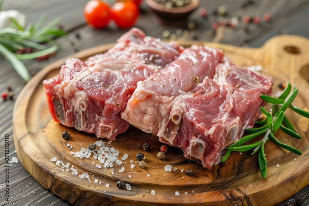 Overhead shot of raw pork neck seasoned with salt and pepper on a wooden board Overhead shot of raw pork neck seasoned with salt and pepper on a wooden board
