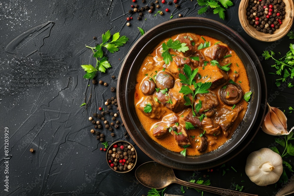 Overhead view of beef goulash with mushroom and peppercorn sauce Overhead view of beef goulash with mushroom and peppercorn sauce
